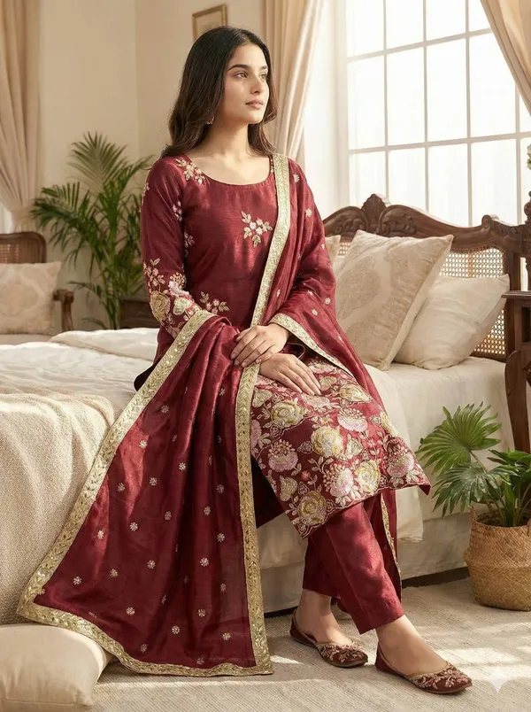 Red_Fauxgeorgette_Kurti_Pant_For_Women