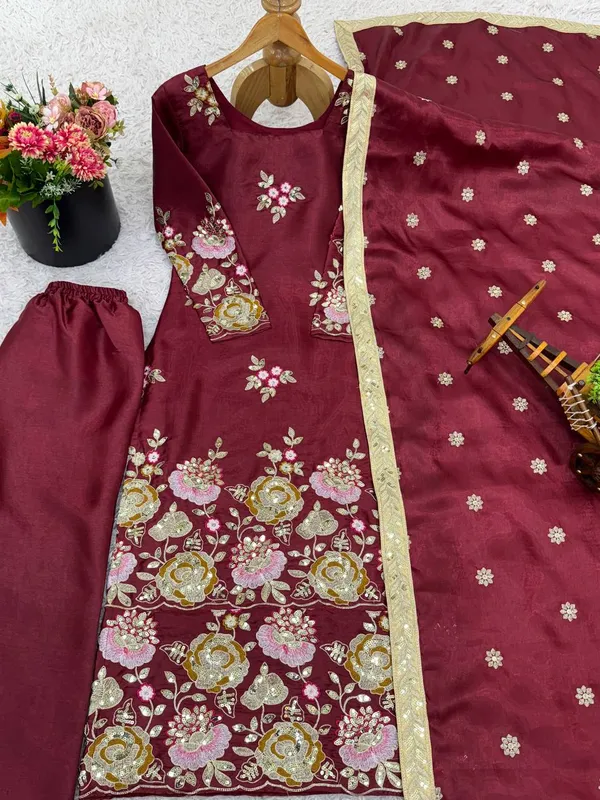 Red_Fauxgeorgette_Kurti_Pant_For_Women