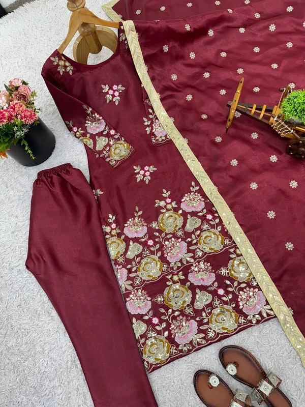 Red_Fauxgeorgette_Kurti_Pant_For_Women