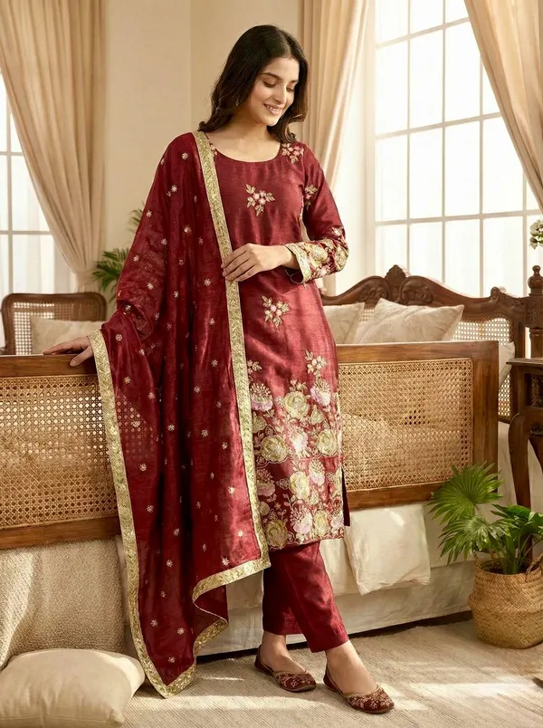 Red_Fauxgeorgette_Kurti_Pant_For_Women