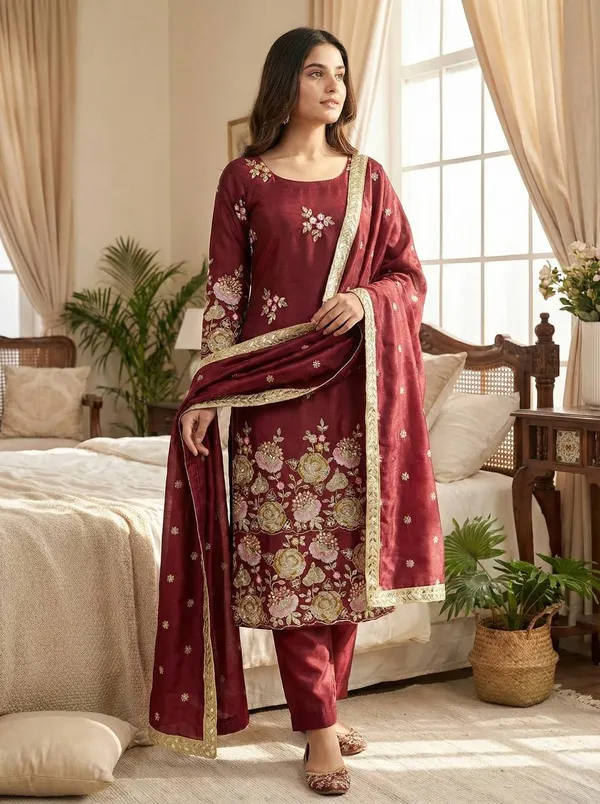 Red_Fauxgeorgette_Kurti_Pant_For_Women