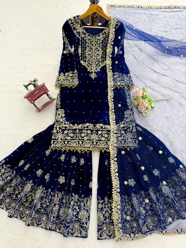 Blue_Designer_Blue_Sharara_Suit_3Pc_Set_For_Women