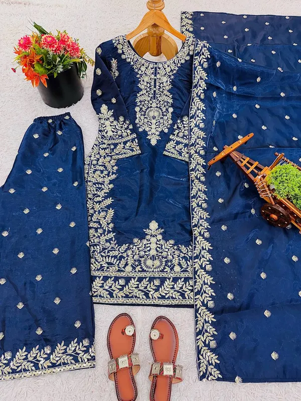 Blue_Fauxgeorgette_Kurti_Plazzo_For_Women