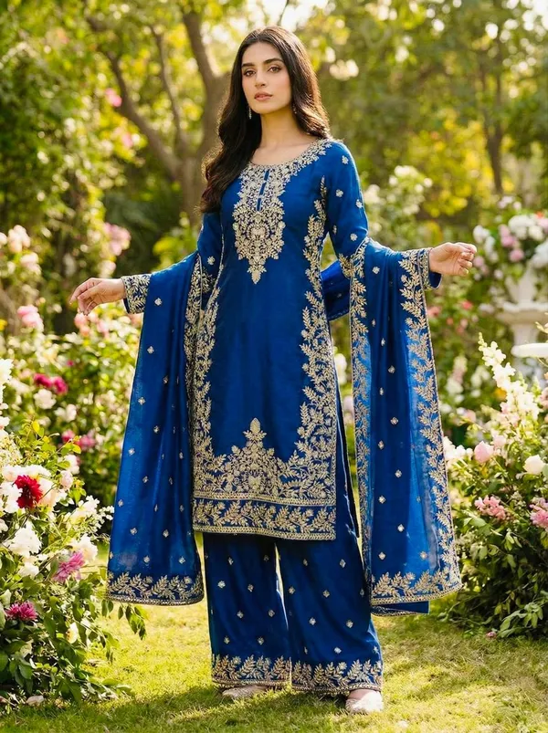 Blue_Fauxgeorgette_Kurti_Plazzo_For_Women