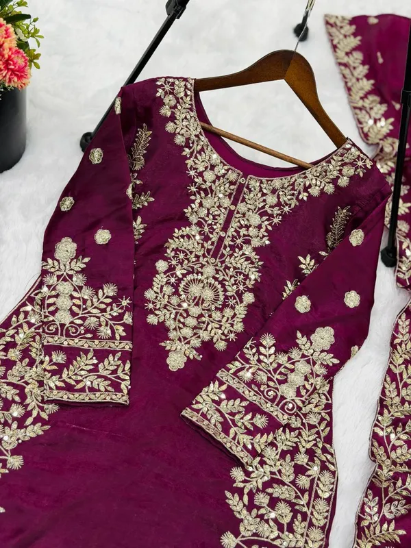 Purple_Fauxgeorgette_Kurti_Plazzo_For_Women