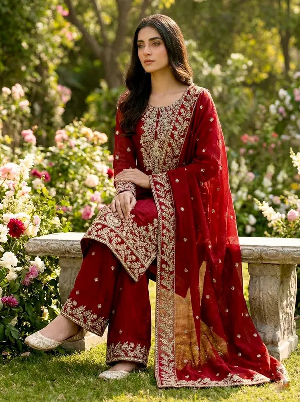 Red_Fauxgeorgette_Kurti_Plazzo_For_Women
