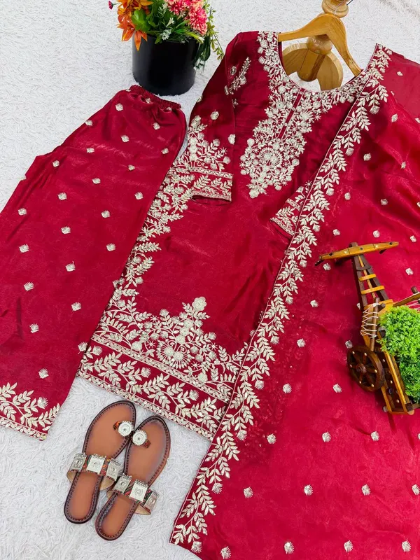 Red_Fauxgeorgette_Kurti_Plazzo_For_Women