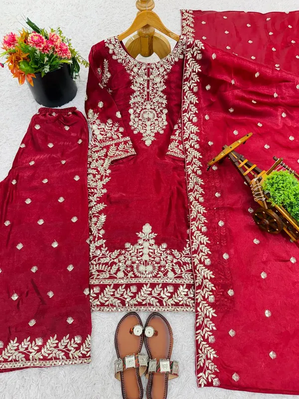Red_Fauxgeorgette_Kurti_Plazzo_For_Women