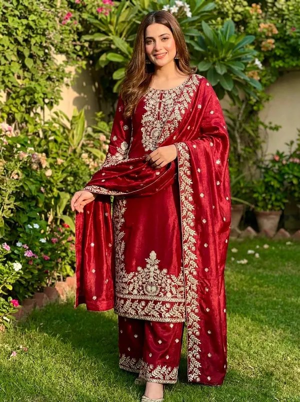 Red_Fauxgeorgette_Kurti_Plazzo_For_Women