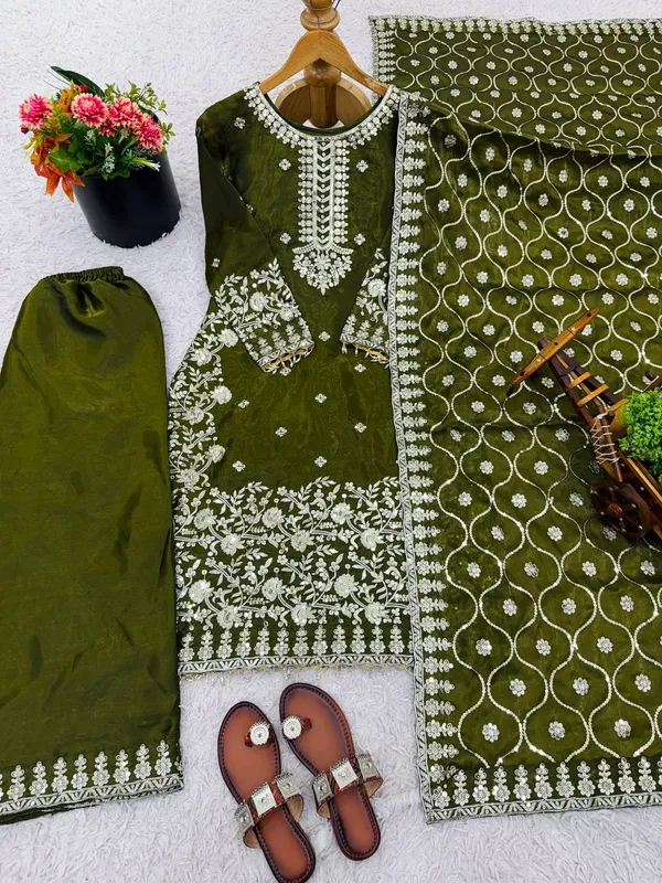 Green_Fauxgeorgette_Kurti_Pant_For_Women