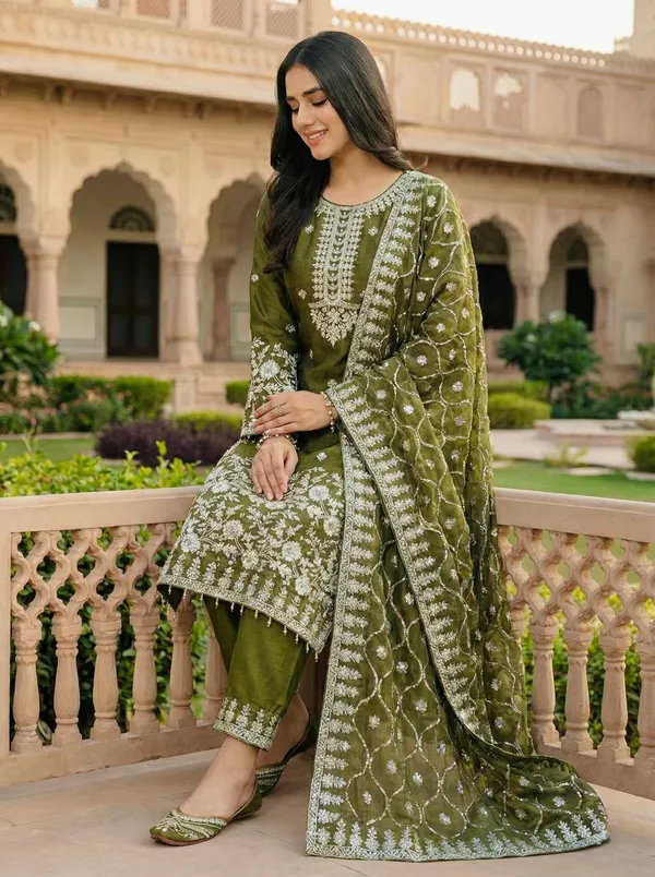 Green_Fauxgeorgette_Kurti_Pant_For_Women