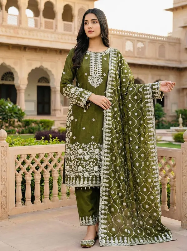 Green_Fauxgeorgette_Kurti_Pant_For_Women
