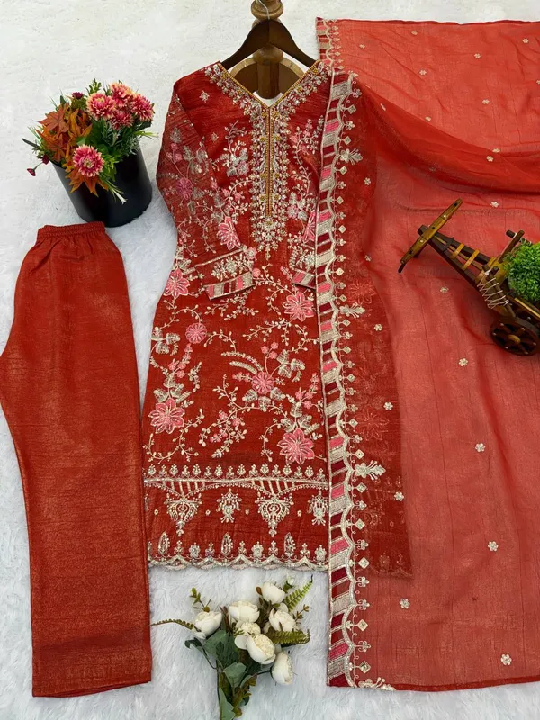 Orange_Vichitrasilk_Kurti_Pant_For_Women