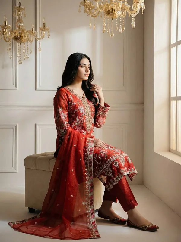 Orange_Vichitrasilk_Kurti_Pant_For_Women
