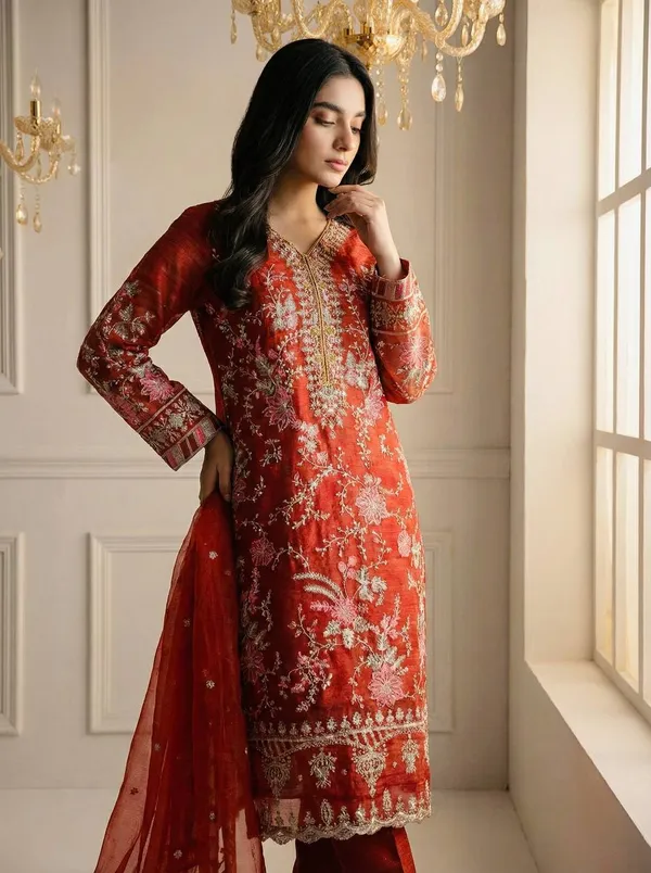 Orange_Vichitrasilk_Kurti_Pant_For_Women