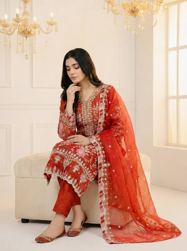 Orange_Vichitrasilk_Kurti_Pant_For_Women