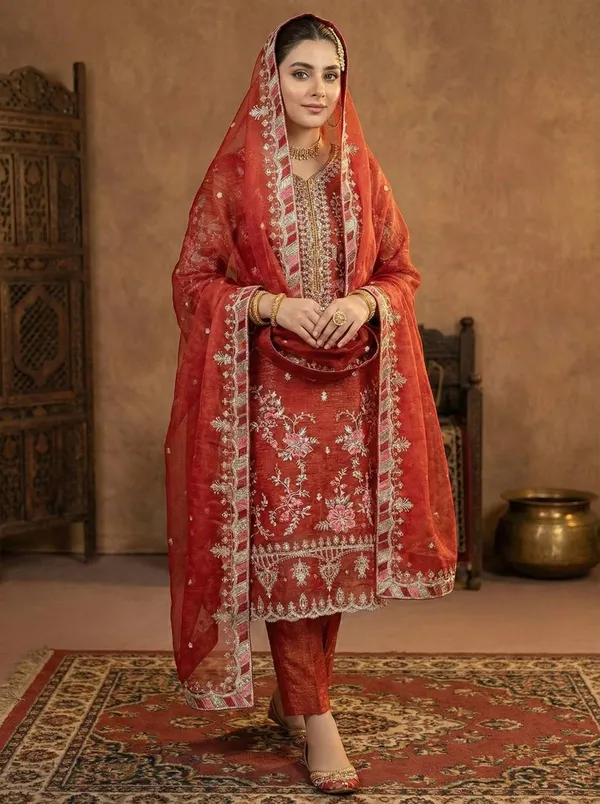 Orange_Vichitrasilk_Kurti_Pant_For_Women