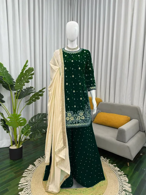 Green_Premium_Viscosevelvet_Sharara_Suit_For_Women