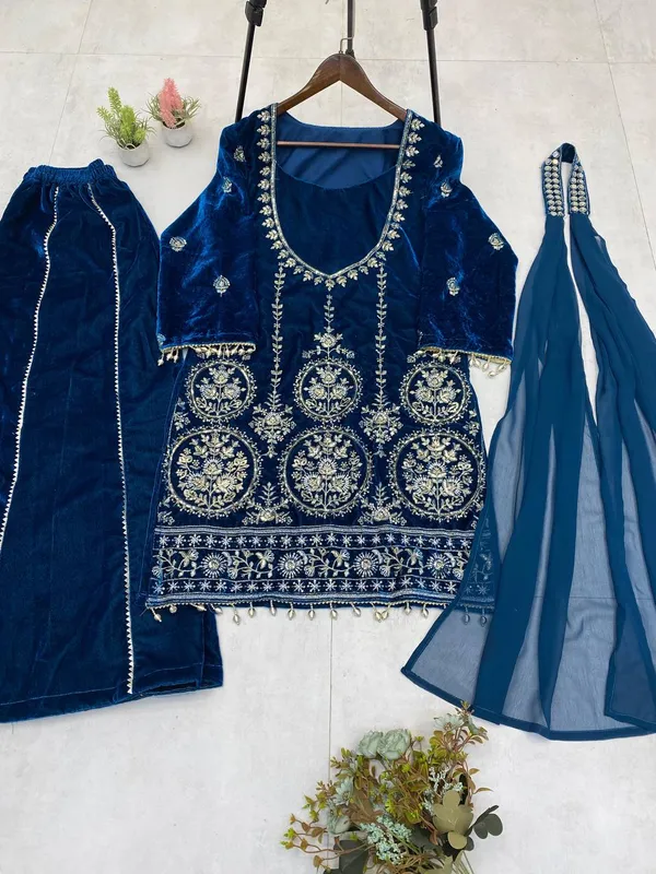 Royal_Blue_Velvet_Three_Piece_Kali_Plazzo_Set_For_Women