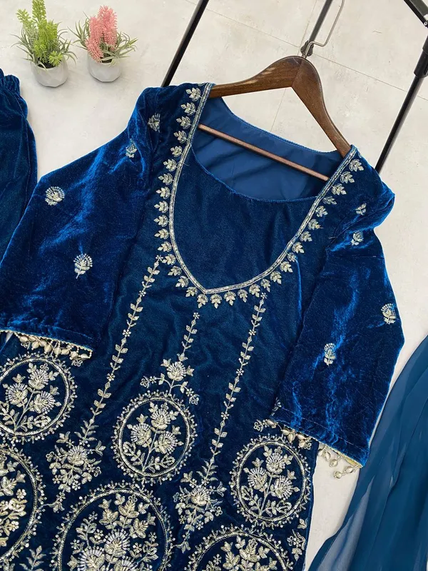 Royal_Blue_Velvet_Three_Piece_Kali_Plazzo_Set_For_Women