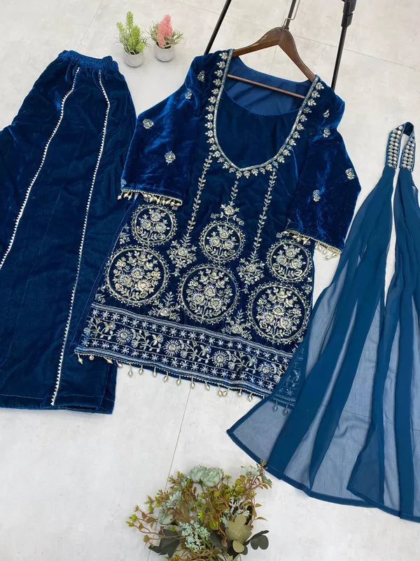 Royal_Blue_Velvet_Three_Piece_Kali_Plazzo_Set_For_Women