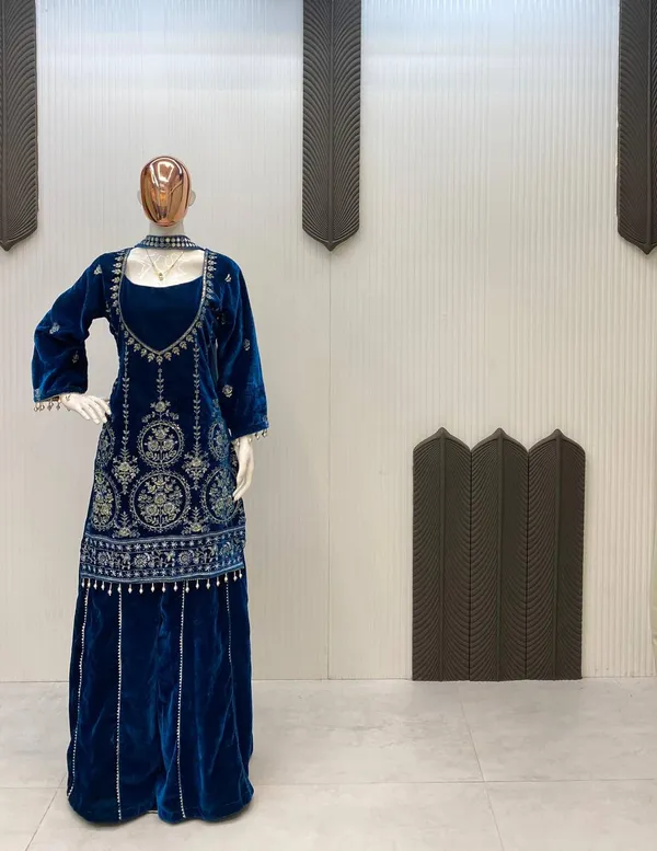 Royal_Blue_Velvet_Three_Piece_Kali_Plazzo_Set_For_Women