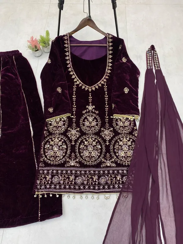 Purple_Velvet_Three_Piece_Kali_Plazzo_Set_For_Women