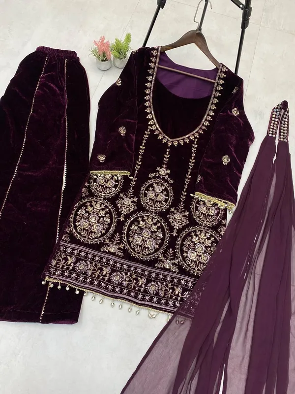 Purple_Velvet_Three_Piece_Kali_Plazzo_Set_For_Women