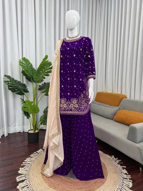 Purple_Premium_Viscosevelvet_Sharara_Suit_For_Women