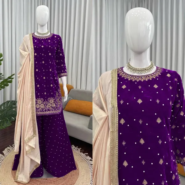 Purple_Premium_Viscosevelvet_Sharara_Suit_For_Women