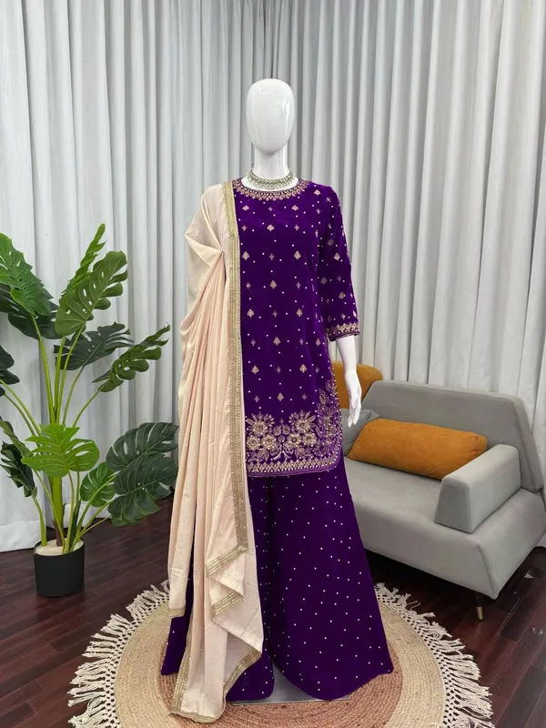 Purple_Premium_Viscosevelvet_Sharara_Suit_For_Women