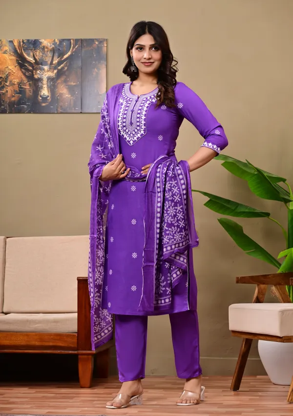 Lavender_Rayon_Premium_Kurti_Pant_Dupatta_Set_For_Girl_And__Women