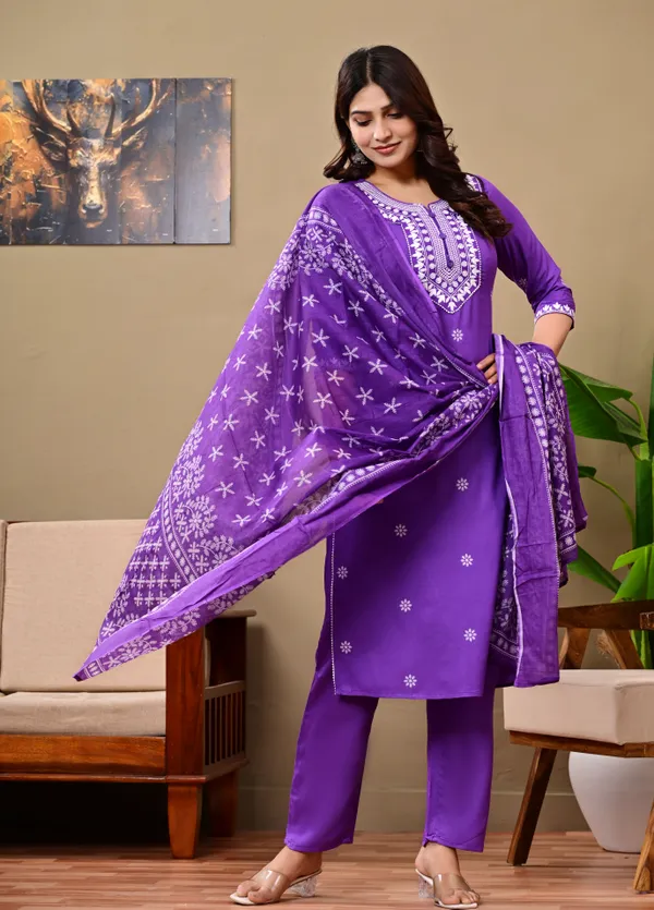 Lavender_Rayon_Premium_Kurti_Pant_Dupatta_Set_For_Girl_And__Women