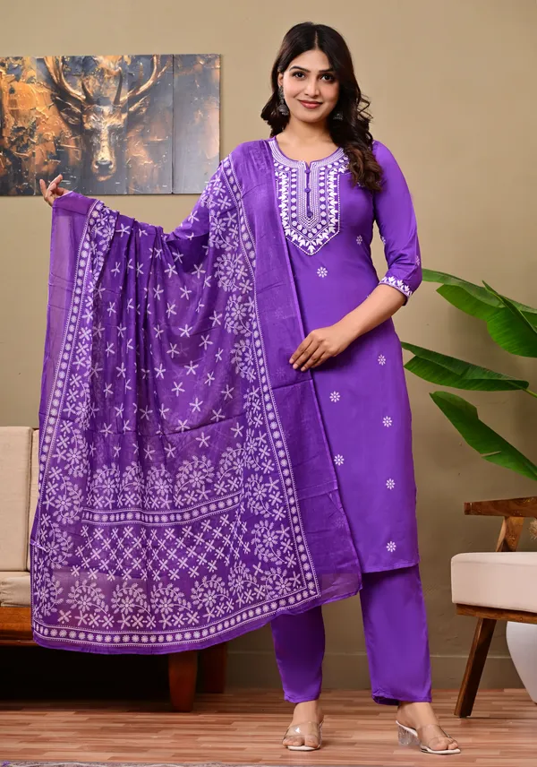 Lavender_Rayon_Premium_Kurti_Pant_Dupatta_Set_For_Girl_And__Women