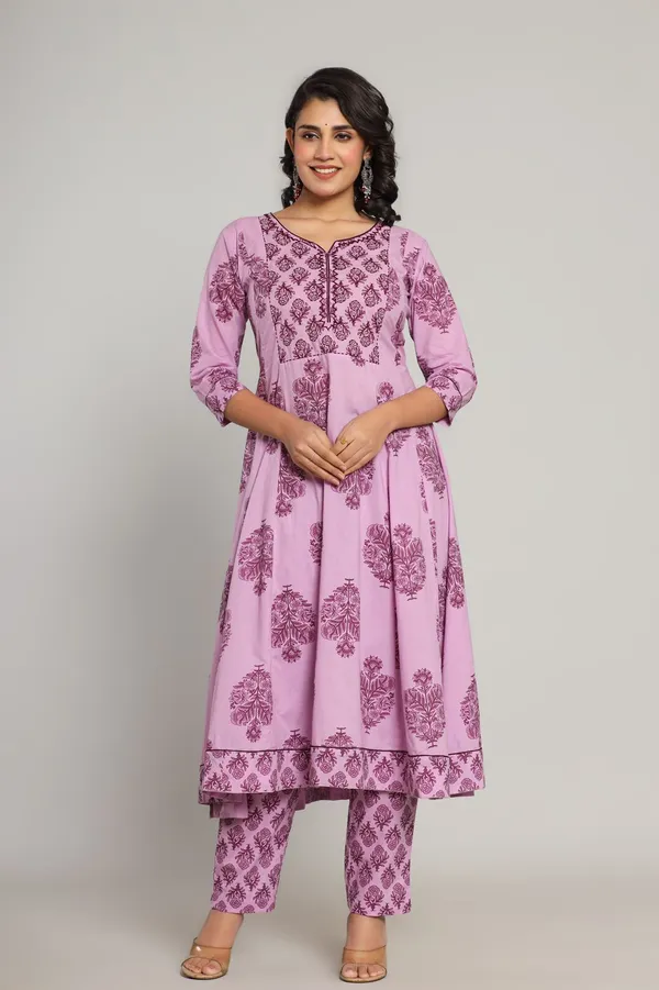 Purple_Cotton_Premium_Ethnic_Motifs_Printed_Empire_Kurta_With_Pant_For_Girl_And__Women