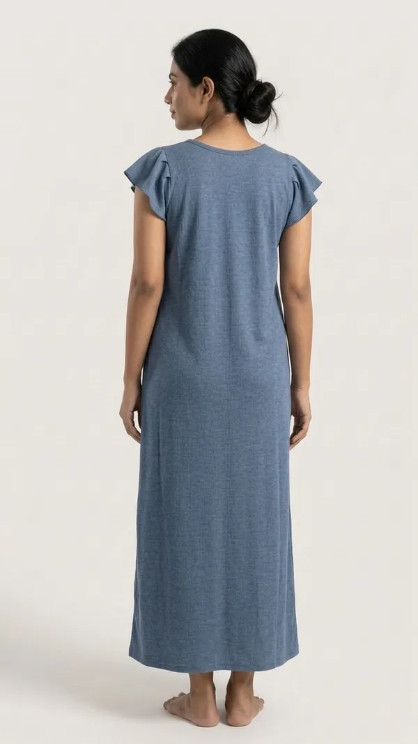 Blue_Floral_Cotton_Night_Dress_Half_Sleeves