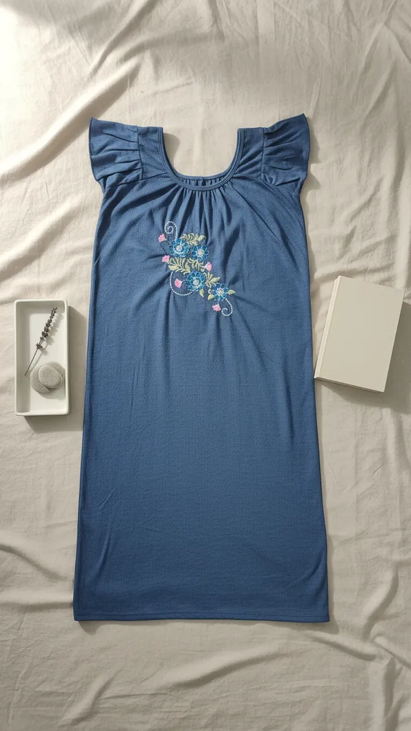 Blue_Floral_Cotton_Night_Dress_Half_Sleeves