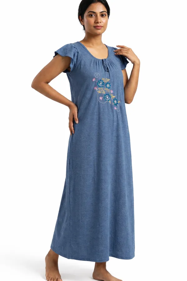 Blue_Floral_Cotton_Night_Dress_Half_Sleeves