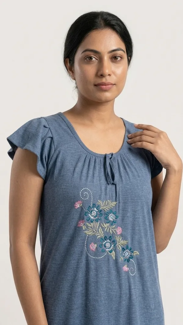 Blue_Floral_Cotton_Night_Dress_Half_Sleeves