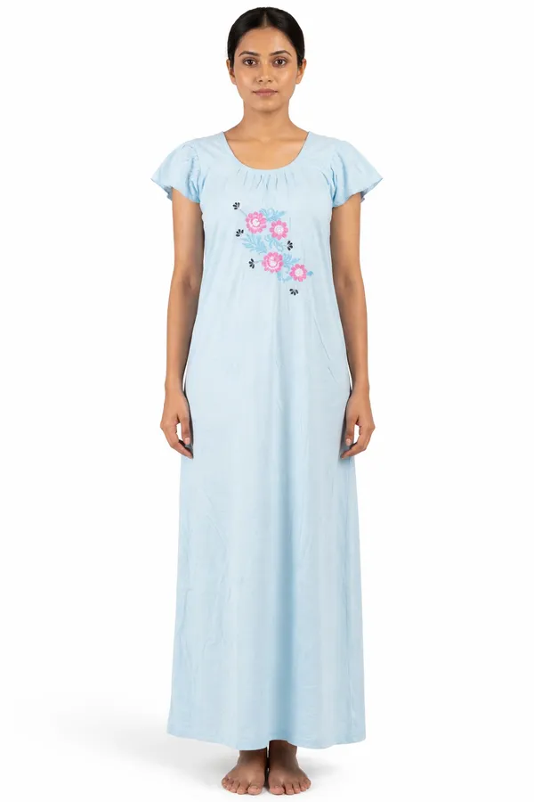 Light_Blue_Floral_Night_Dress_Half_Sleeves