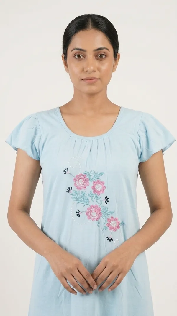 Light_Blue_Floral_Night_Dress_Half_Sleeves