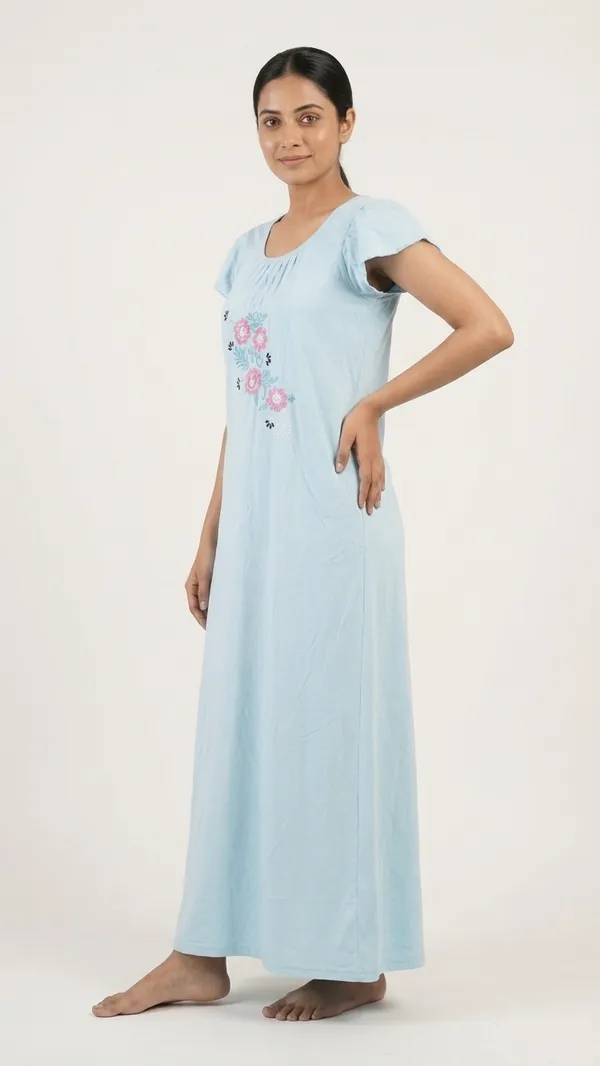 Light_Blue_Floral_Night_Dress_Half_Sleeves