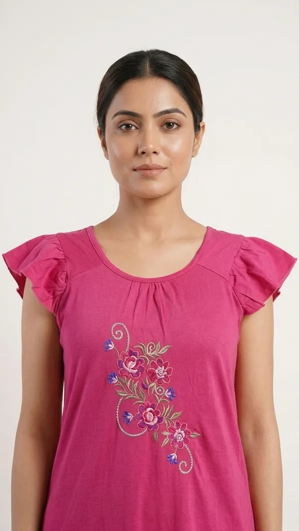 Pink_Floral_Night_Dress_Half_Sleeves