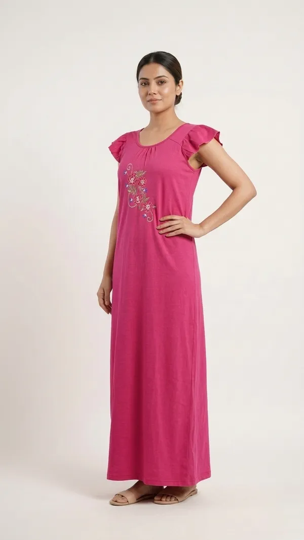 Pink_Floral_Night_Dress_Half_Sleeves