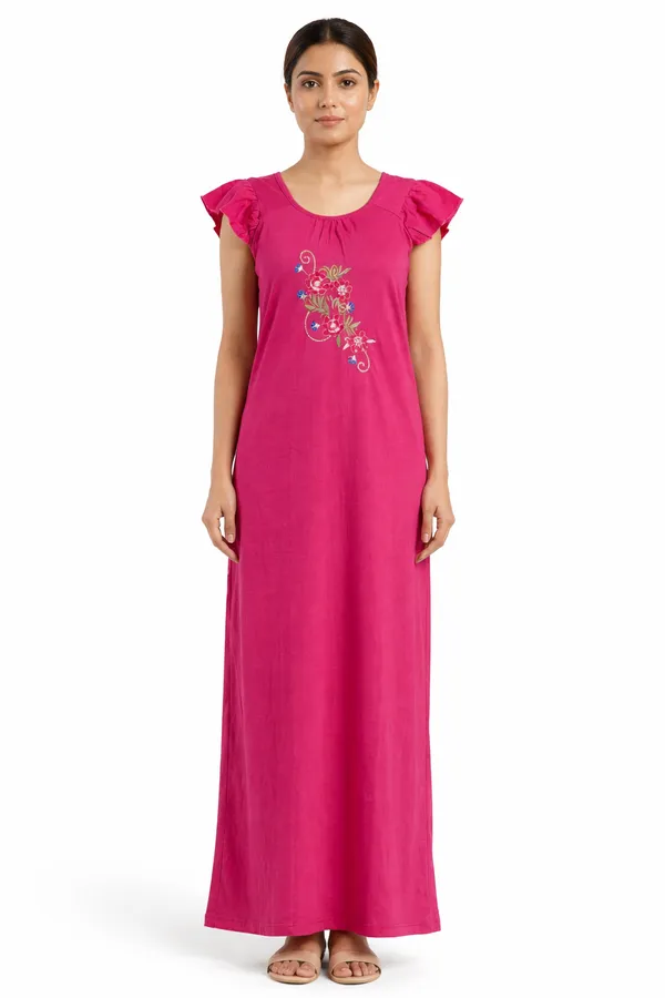 Pink_Floral_Night_Dress_Half_Sleeves