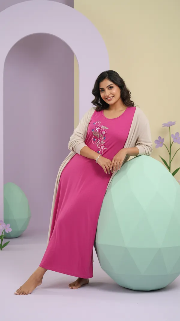 Pink_Floral_Night_Dress_Half_Sleeves