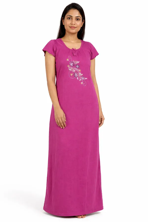 Purpel_Floral_Night_Dress_Half_Sleeves