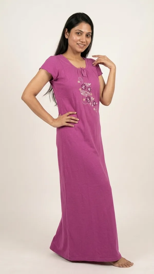 Purpel_Floral_Night_Dress_Half_Sleeves