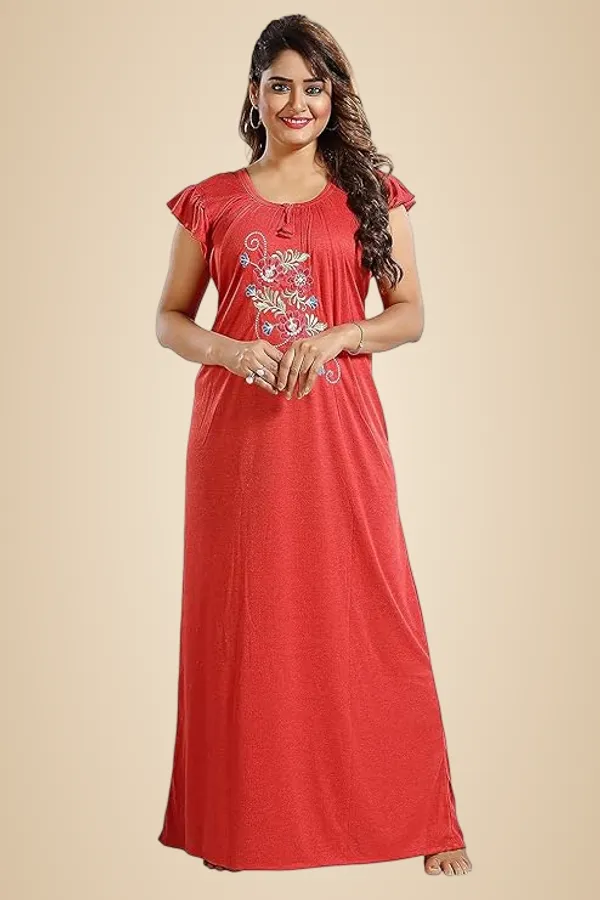 Red_Floral_Cotton_Night_Dress_Half_Sleeves_For_Women