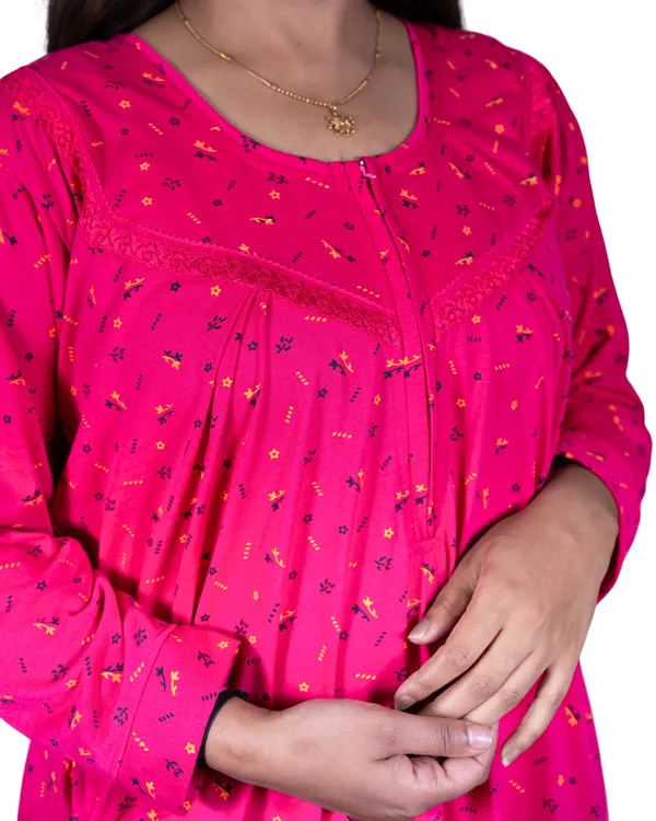 Pink_Hosiery_Cotton_Printed_Nighty_Pocket_Full_Sleeves_Night_Wear_Shaped_Neck_For_Women